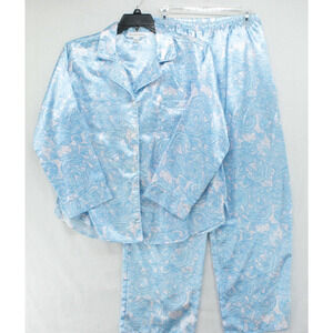 Miss Elaine Long Sleeve Pajama Set Women's Medium Satin Flannel Blue Paisley